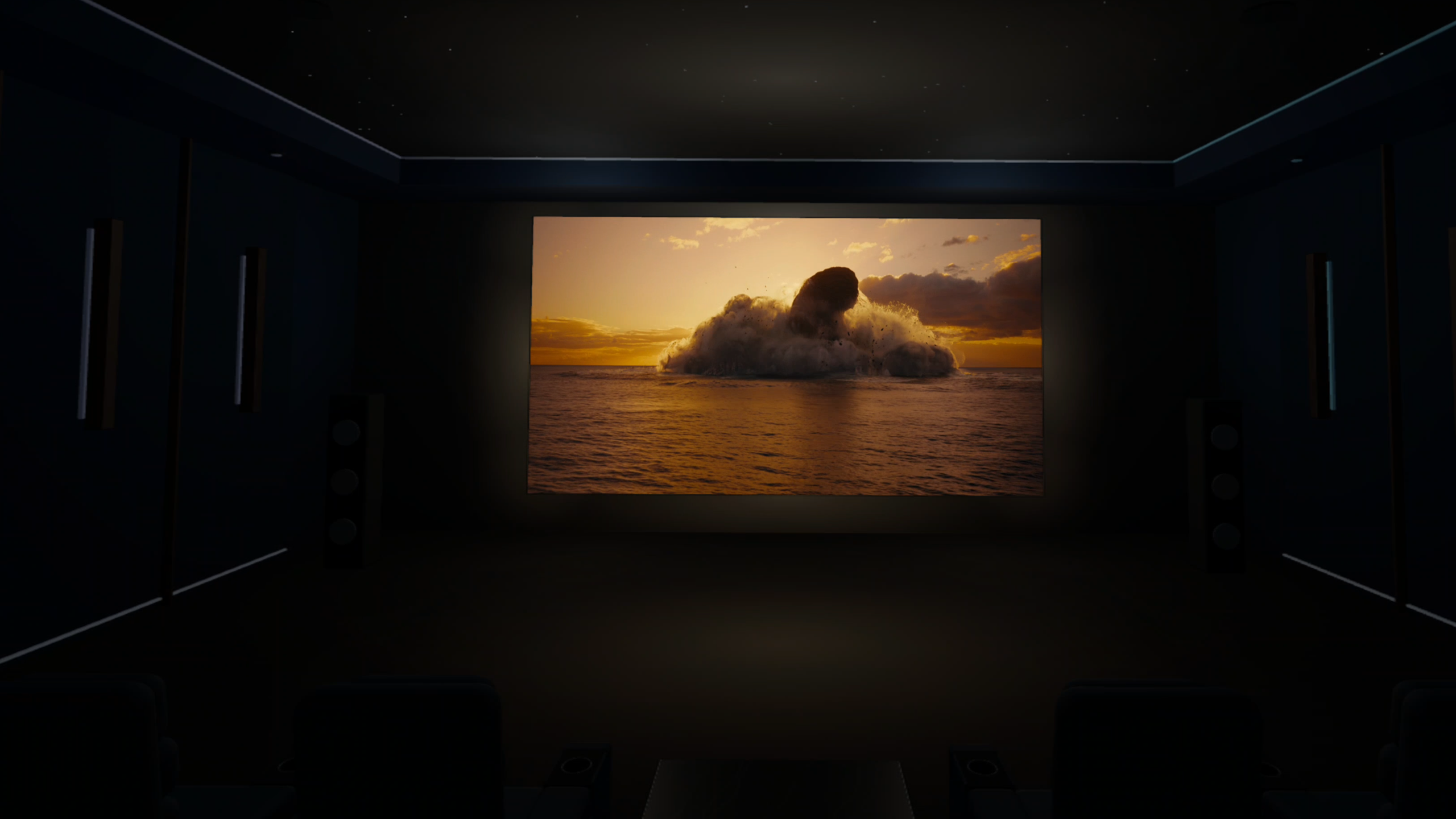 A movie playing in CineVoid Home Cinema with dim lighting, seating and no menus visible