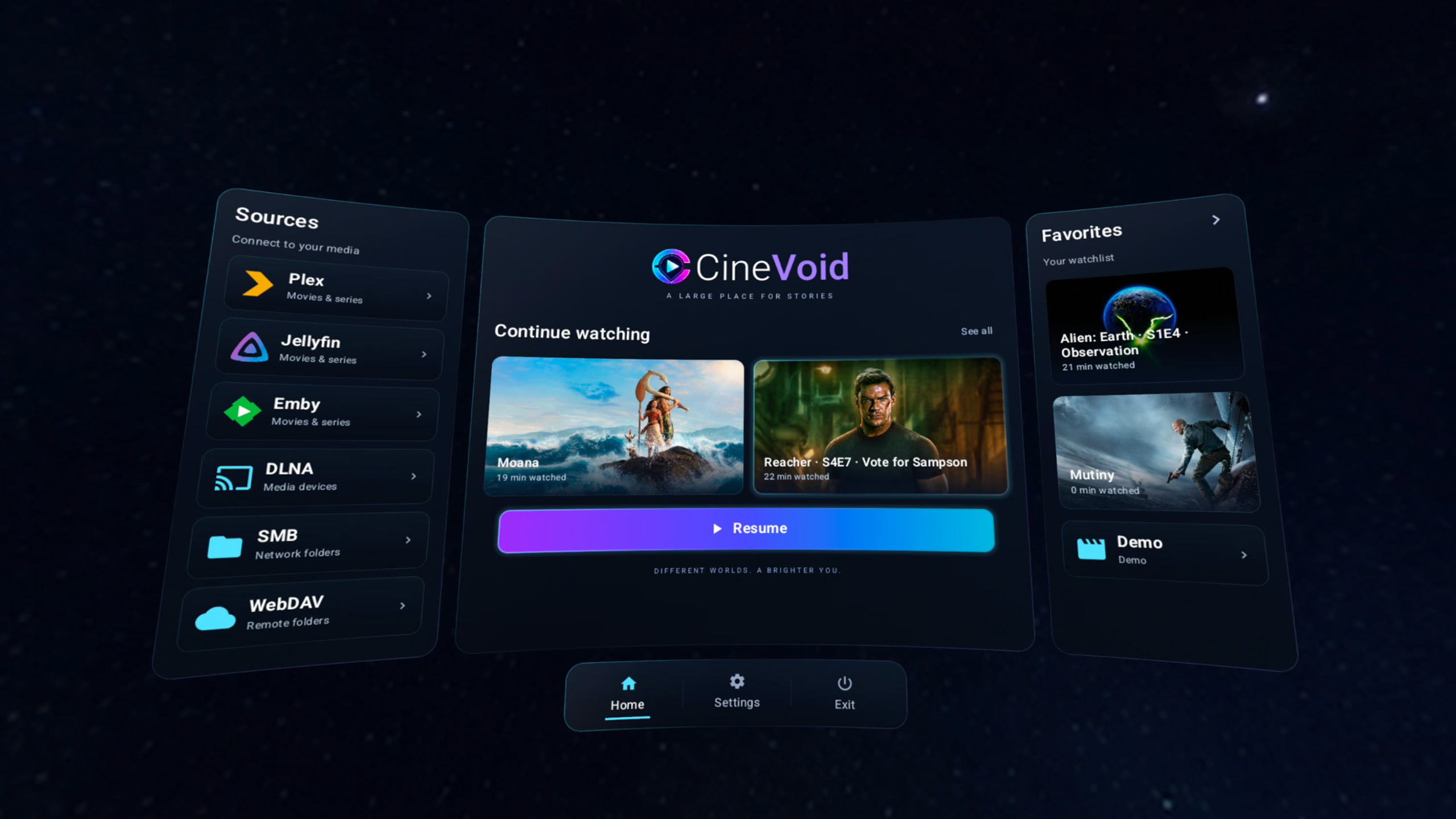The actual CineVoid home screen on Meta Quest.