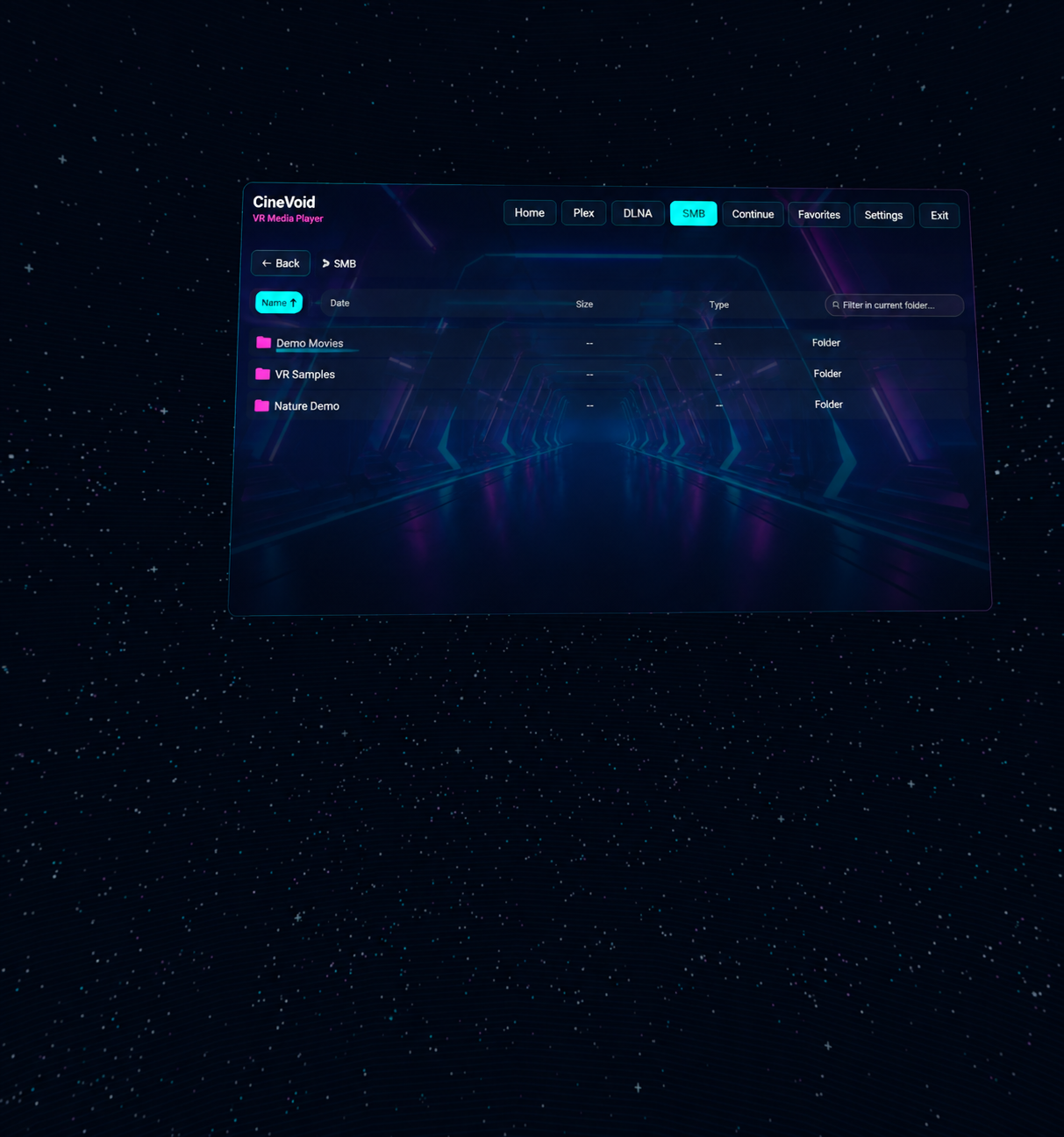 CineVoid SMB media browser floating in the virtual environment